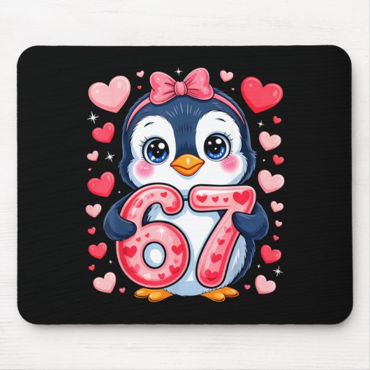 Cute Penguin 67 Six Seven Valentine Hearts 6 7 Mem マウスパッド (正面)