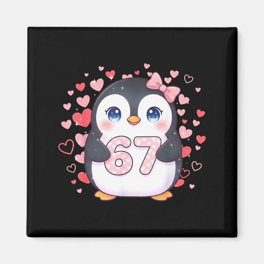 Cute Penguin 67 Six Seven Valentine Hearts 6 7 Mem マグネット (正面)