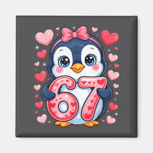 Cute Penguin 67 Six Seven Valentine Hearts 6 7 Mem マグネット (正面)