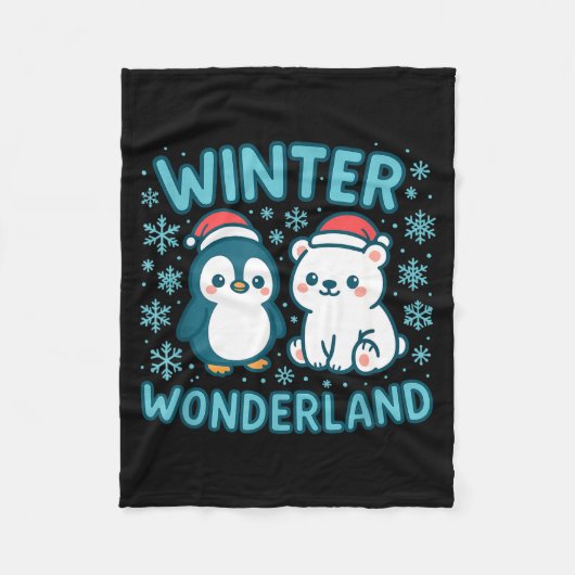 Cute Penguin And Lar Bear Winter Wonderland Christ フリースブランケット (正面)