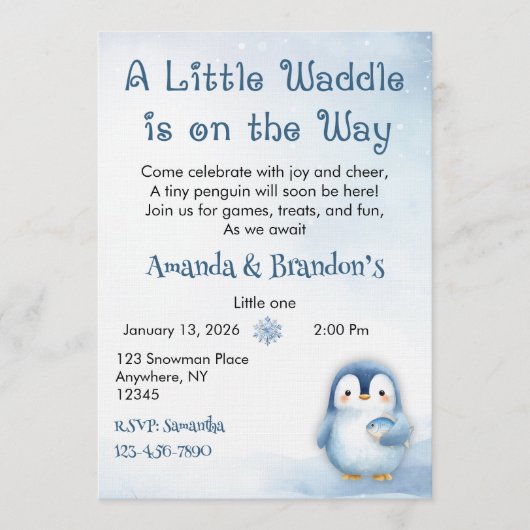 Cute Penguin Baby Shower 招待状 (正面)