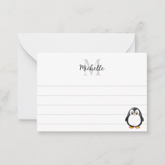 Cute Penguin Cartoon Custom Lined Monogram ノートカード (正面)