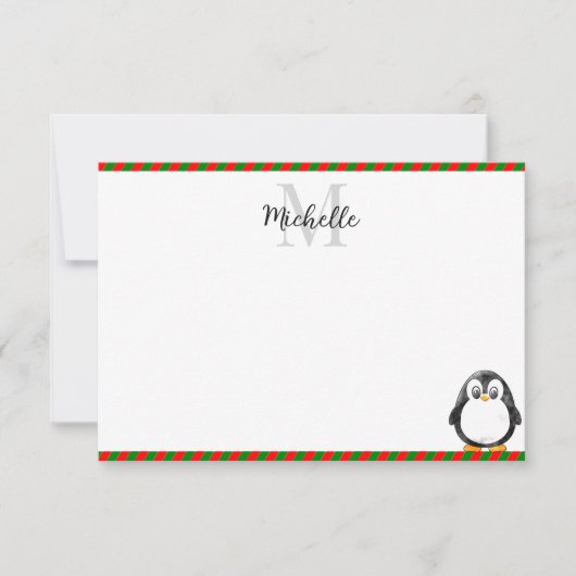 Cute Penguin Cartoon Custom Monogram ノートカード (正面)