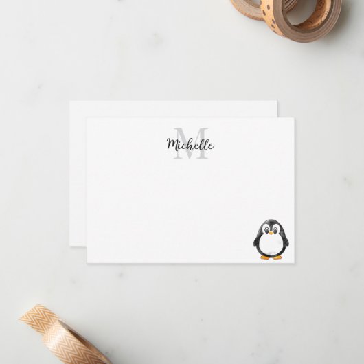 Cute Penguin Cartoon Custom Monogram ノートカード (正面/裏面インサイチュ)