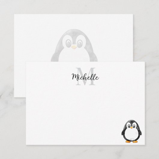 Cute Penguin Cartoon Custom Monogram ノートカード (正面/裏面)