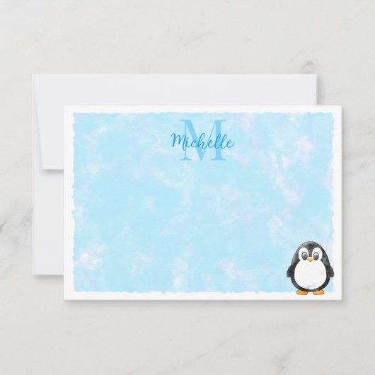 Cute Penguin Cartoon Custom Monogram Pastel Blue ノートカード (正面)