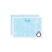 Cute Penguin Cartoon Custom Monogram Pastel Blue ノートカード (正面/裏面インサイチュ)