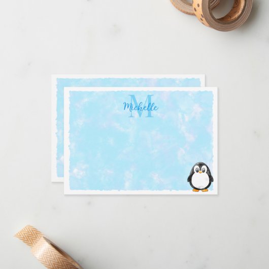 Cute Penguin Cartoon Custom Monogram Pastel Blue ノートカード (正面/裏面インサイチュ)