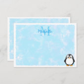 Cute Penguin Cartoon Custom Monogram Pastel Blue ノートカード (正面/裏面)