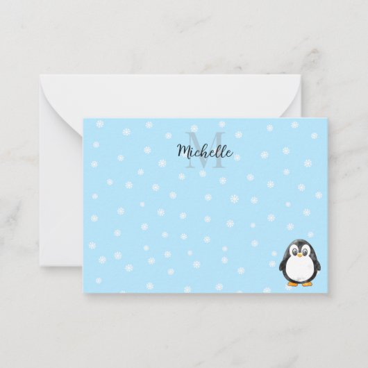 Cute Penguin Cartoon Snow Custom Monogram ノートカード (正面)