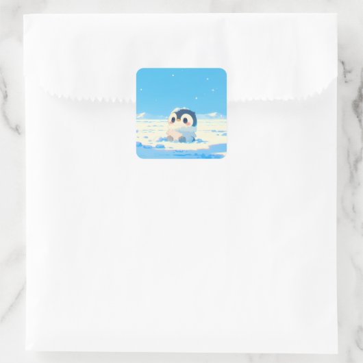 Cute Penguin Chick in Starry Arctic Landscape スクエアシール (バッグ)