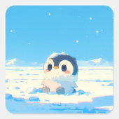 Cute Penguin Chick in Starry Arctic Landscape スクエアシール (正面)