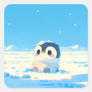 Cute Penguin Chick in Starry Arctic Landscape スクエアシール