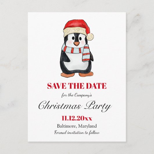 Cute Penguin | Christmas Party Save The Date  案内ポストカード (正面)