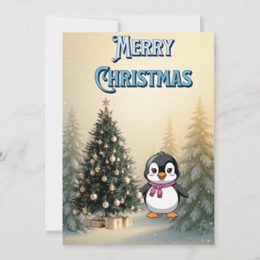 Cute Penguin & Christmas Tree Flat Holiday Card 招待状 (正面)