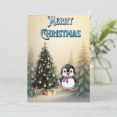 Cute Penguin & Christmas Tree Flat Holiday Card 招待状 (スタンド正面)