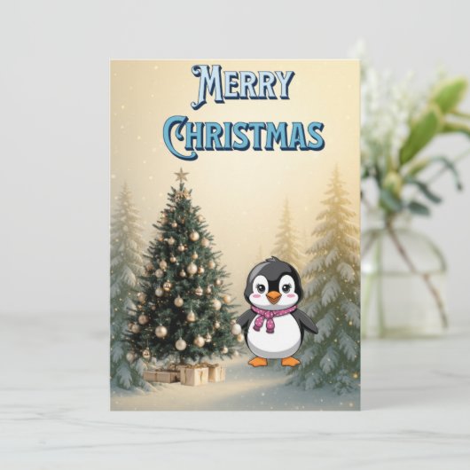 Cute Penguin & Christmas Tree Flat Holiday Card 招待状 (スタンド正面)