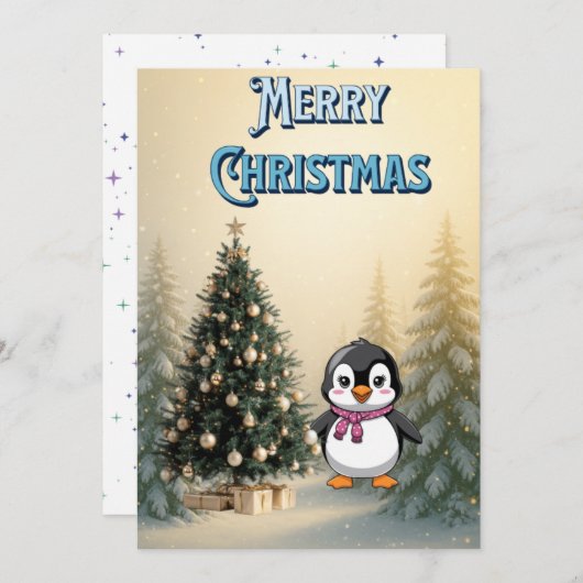 Cute Penguin & Christmas Tree Flat Holiday Card 招待状 (正面/裏面)