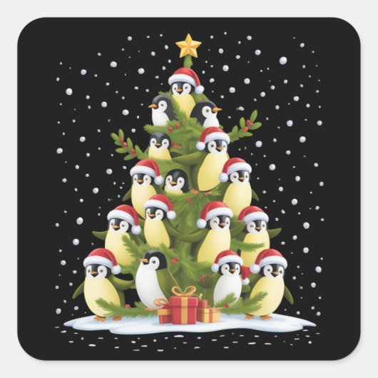 Cute Penguin Christmas Tree Funny Holiday スクエアシール (正面)