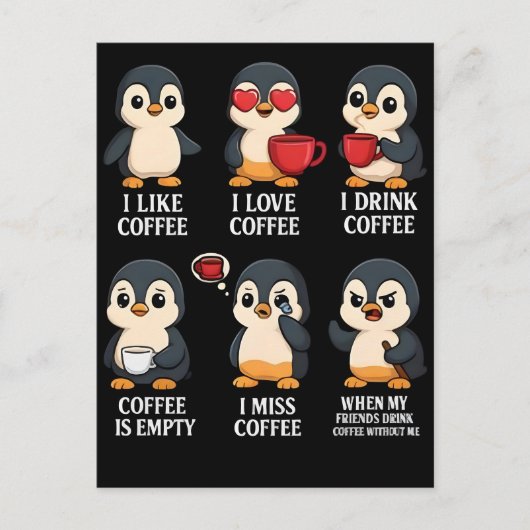 Cute Penguin Coffee Lover Emotional Cartoon Design シーズンポストカード (正面)