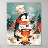 Cute Penguin Cooking Watercolor Winter Nursery ポスター (正面)