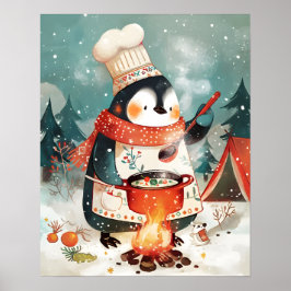 Cute Penguin Cooking Watercolor Winter Nursery ポスター