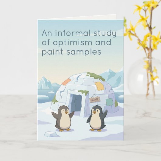 Cute Penguin First Igloo | Dry Humour New Home カード (黄色い花)