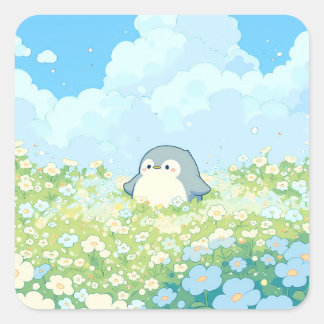 Cute Penguin in Blue Spring Meadow スクエアシール