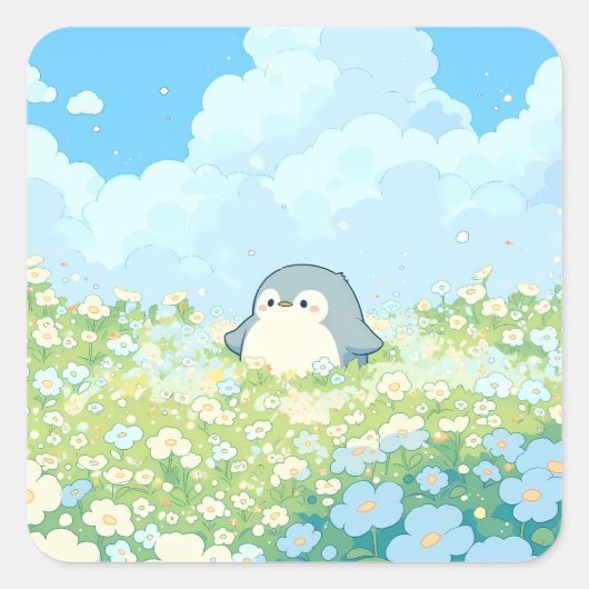 Cute Penguin in Blue Spring Meadow スクエアシール (正面)