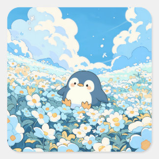 Cute Penguin in Blue Wildflower Field スクエアシール