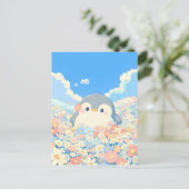 Cute Penguin in Colorful Spring Meadow ポストカード (スタンド正面)
