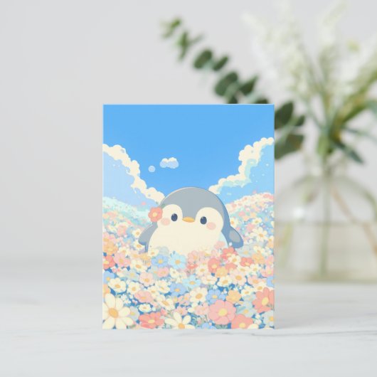 Cute Penguin in Colorful Spring Meadow ポストカード (スタンド正面)