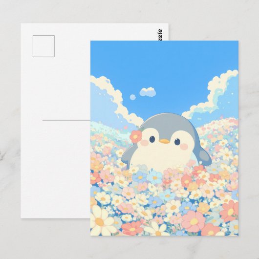 Cute Penguin in Colorful Spring Meadow ポストカード (正面/裏面)