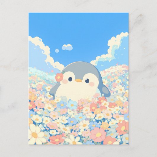 Cute Penguin in Colorful Spring Meadow ポストカード (正面)