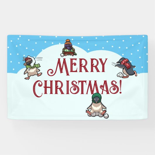 Cute Penguin Merry Christmas Snowball Fight 横断幕 (横)