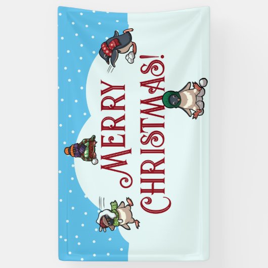 Cute Penguin Merry Christmas Snowball Fight 横断幕 (縦)