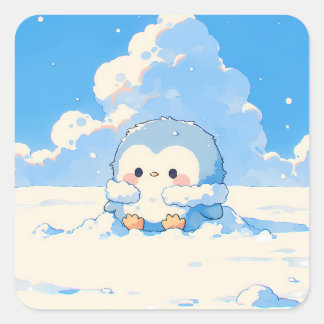 Cute Penguin Playing in Winter Snow スクエアシール
