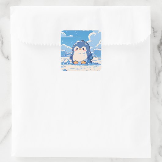 Cute Penguin Sitting in Winter Snow スクエアシール (バッグ)