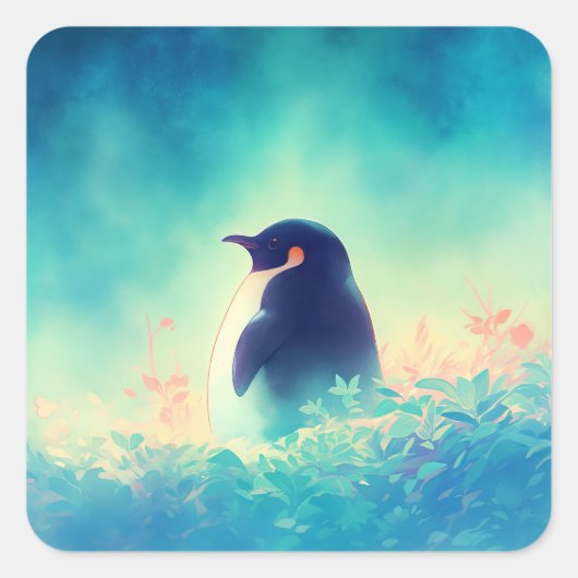 Cute Penguin Standing in Teal Grass スクエアシール (正面)