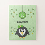 Cute penguin stars and name green kids ジグソーパズル<br><div class="desc">Jigsaw puzzle for kids.
Featuring a cute penguin,  stars,  name and initial.
Green and yellow.
Children's gift idea.</div>