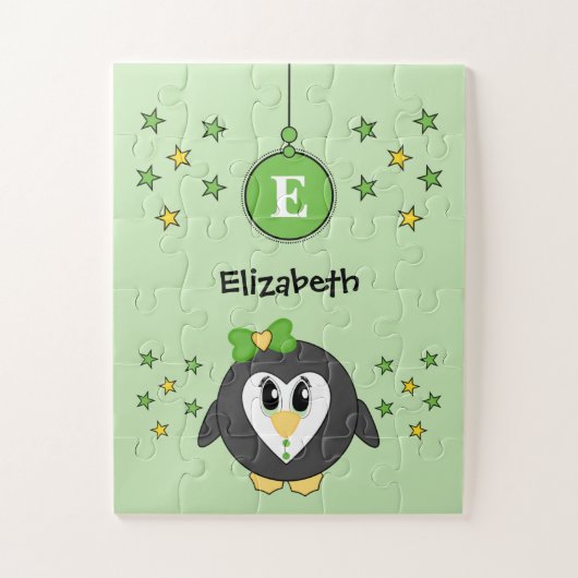 Cute penguin stars and name green kids ジグソーパズル (縦)