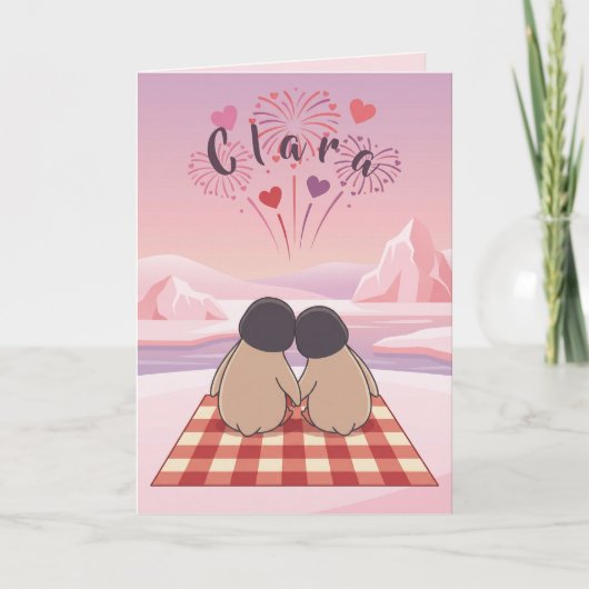 Cute Penguin Valentine Picnic Card for Girlfriends シーズンカード (正面)
