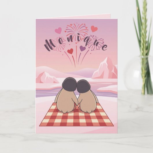 Cute Penguin Valentine Picnic Card for Sweethearts シーズンカード (正面)
