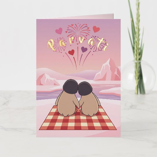 Cute Penguin Valentine Picnic Card for your Wife 箔グリーティングカード (正面)