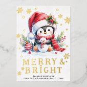 Cute Penguin White Red Gold Merry Bright Christmas 箔シーズンカード (正面)