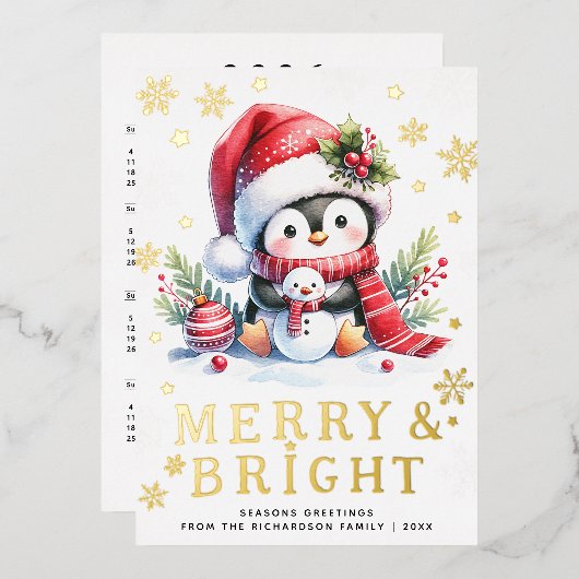 Cute Penguin White Red Gold Merry Bright Christmas 箔シーズンカード (正面/裏面)