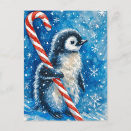 Cute Penguin with Candy Cane Christmas Postcard シーズンポストカード