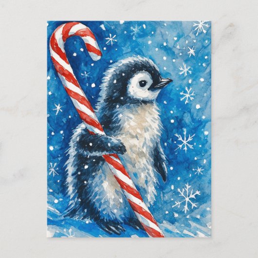 Cute Penguin with Candy Cane Christmas Postcard シーズンポストカード (正面)