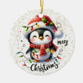 Cute Penguin Wrapped in Lights Kid's Christmas セラミックオーナメント (正面)