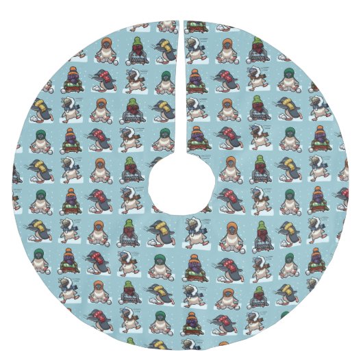 Cute Penguins Christmas Snowball Fight Cartoon ブラッシュドポリエステルツリースカート (正面)